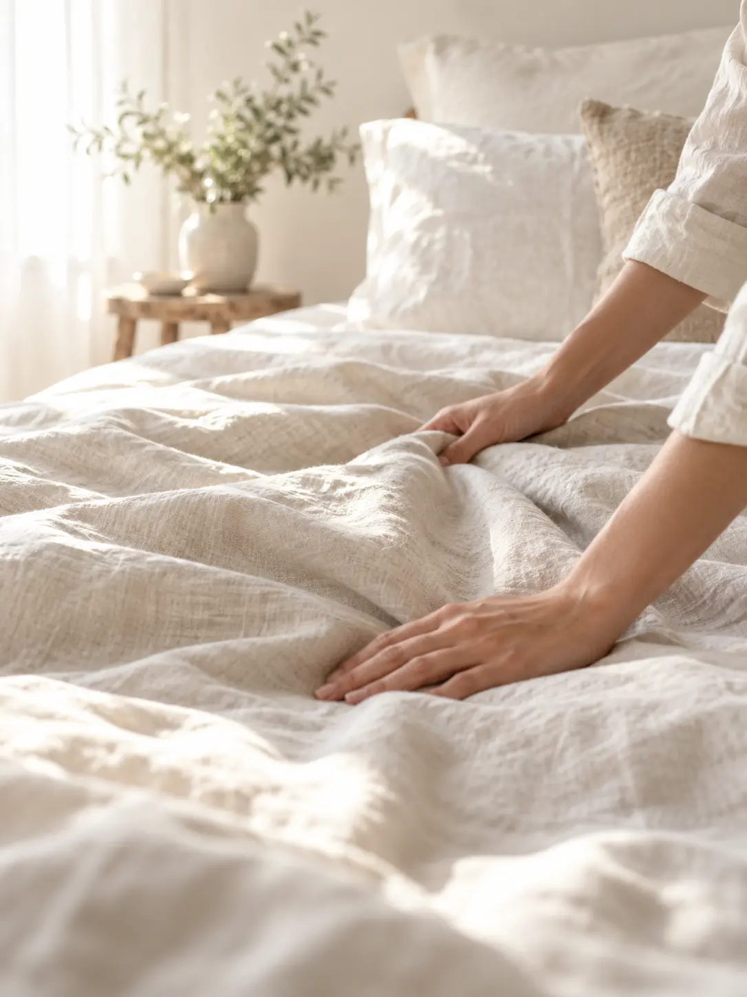 Hands smoothing a linen sheet