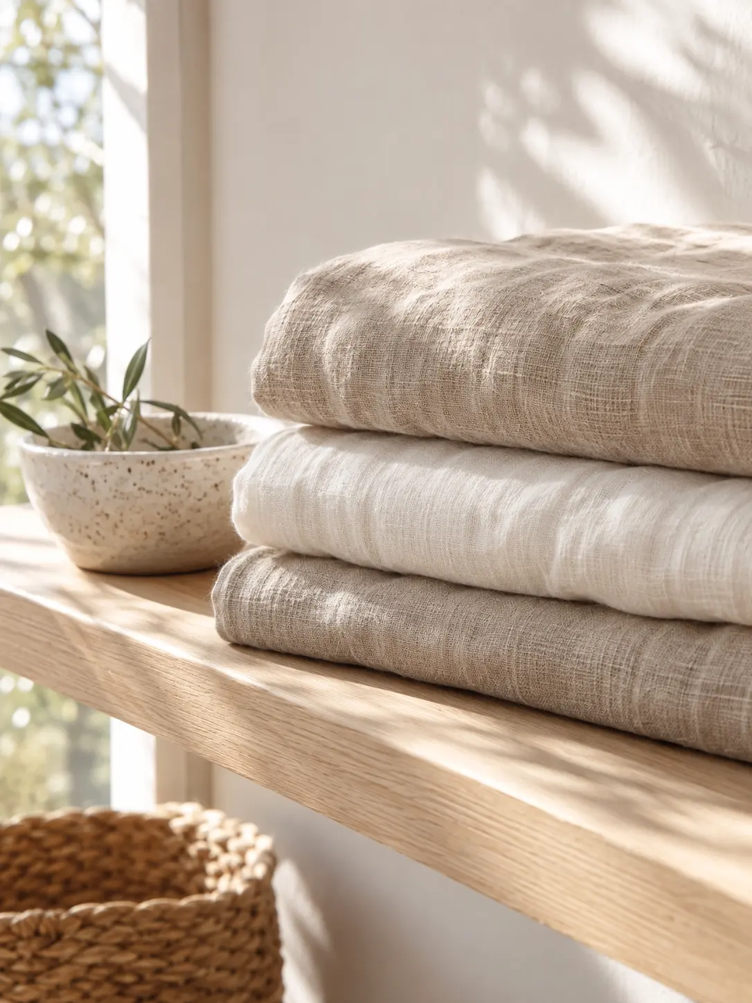 Folded bedding stack tied with cotton ribbon