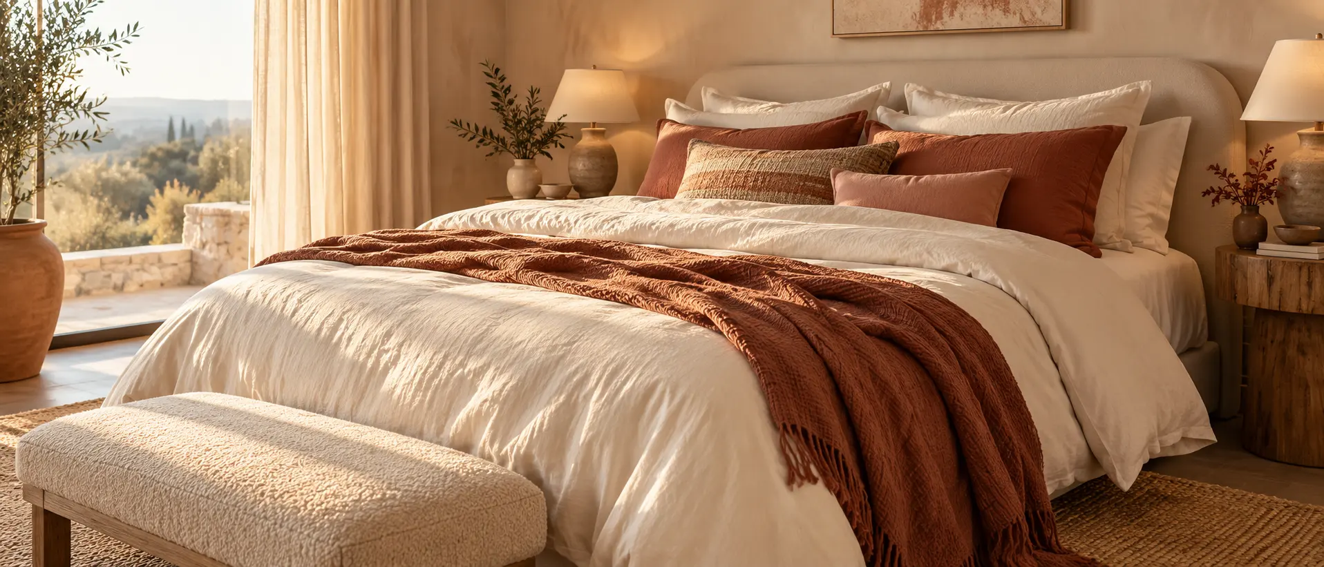 Oat linen duvet set on a made bed