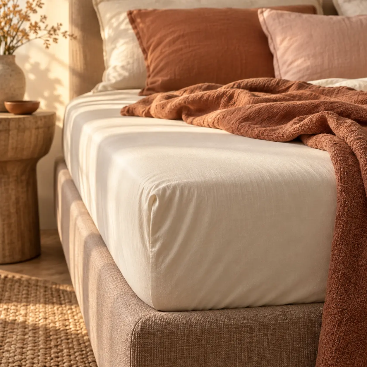 Ivory fitted sheet over a mattress corner