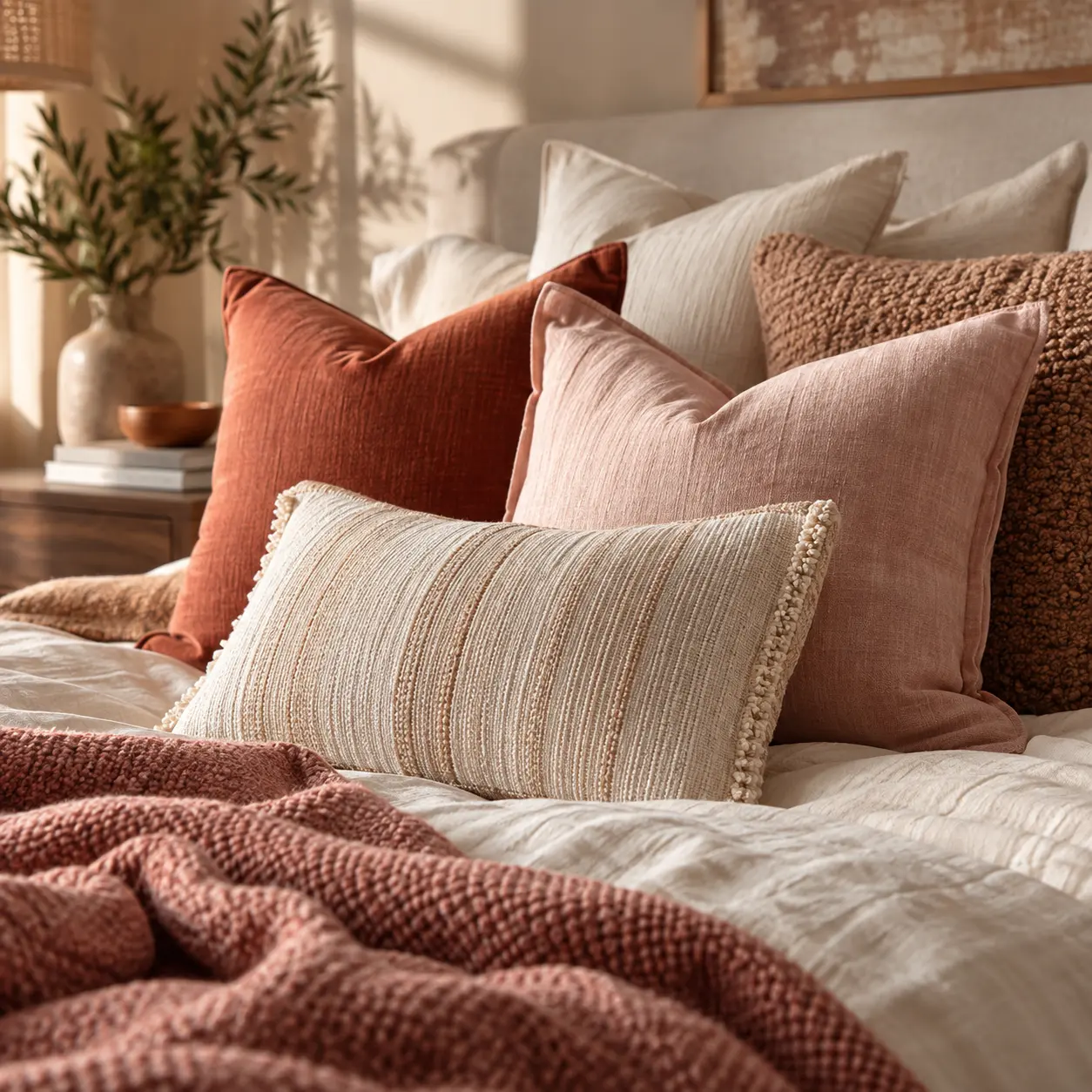 Blush sateen pillows, stacked