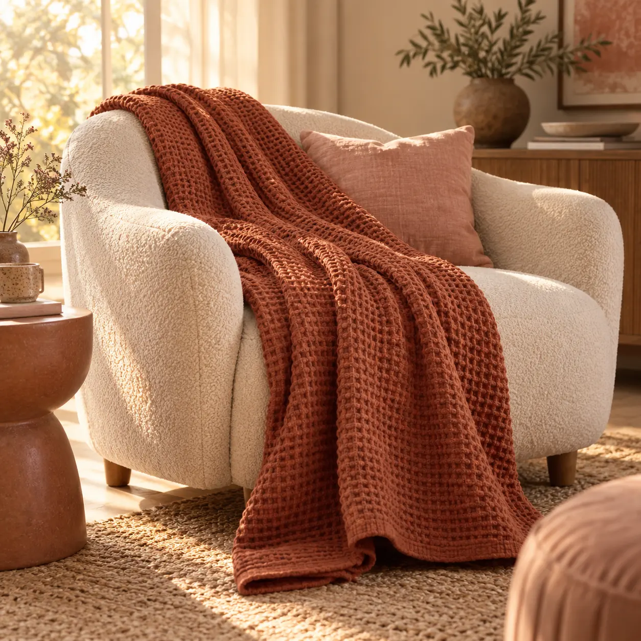 Sand waffle throw draped over bed end
