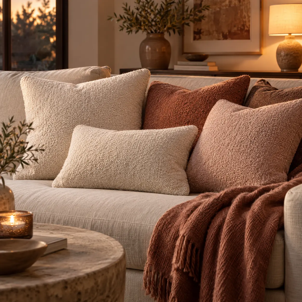 Cream bouclé cushion on linen armchair